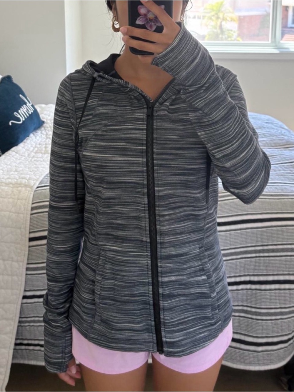 lululemon athletica Women's Black and Gray Striped Zip Hoodie